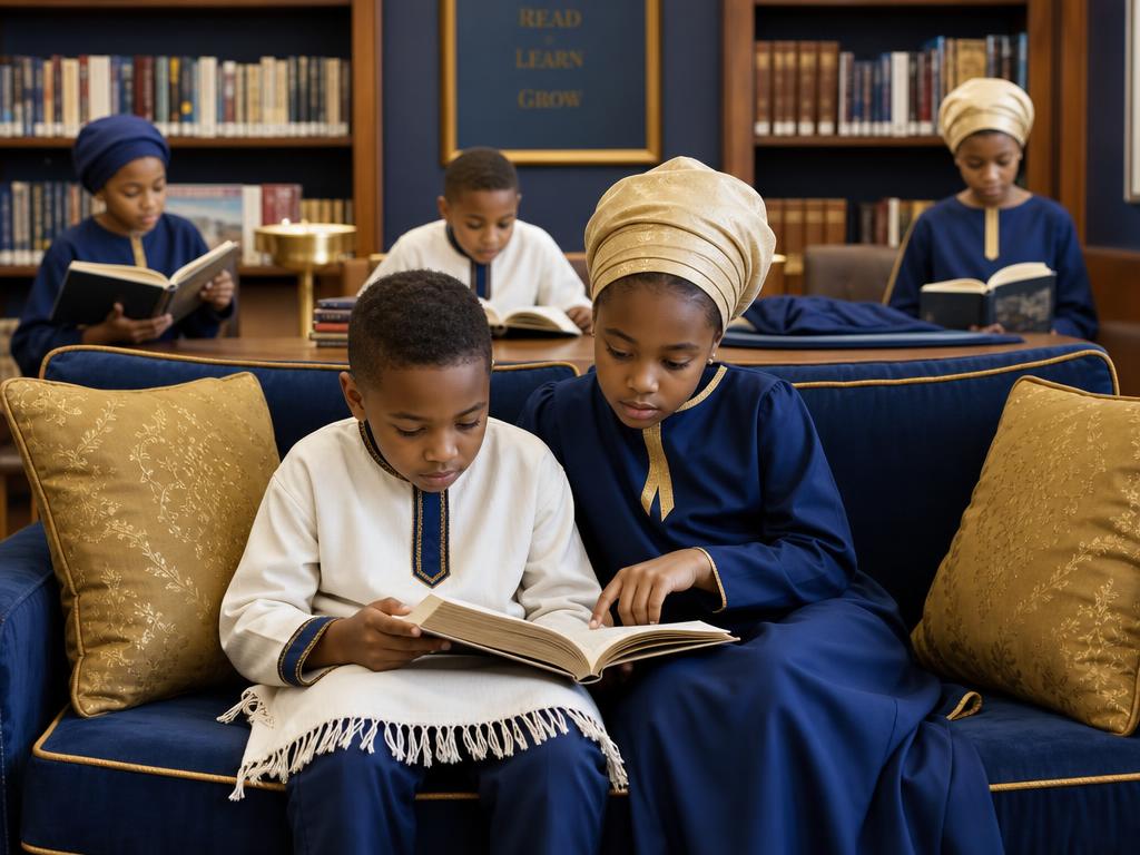 A student reading in the library with modest dress and head wrap