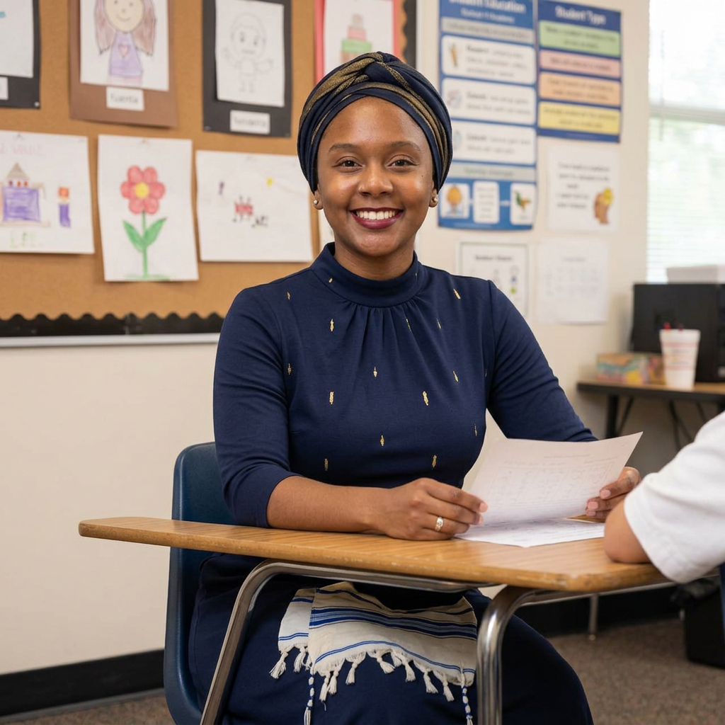 Mrs. Amina Israel seated at a classroom desk reviewing student work