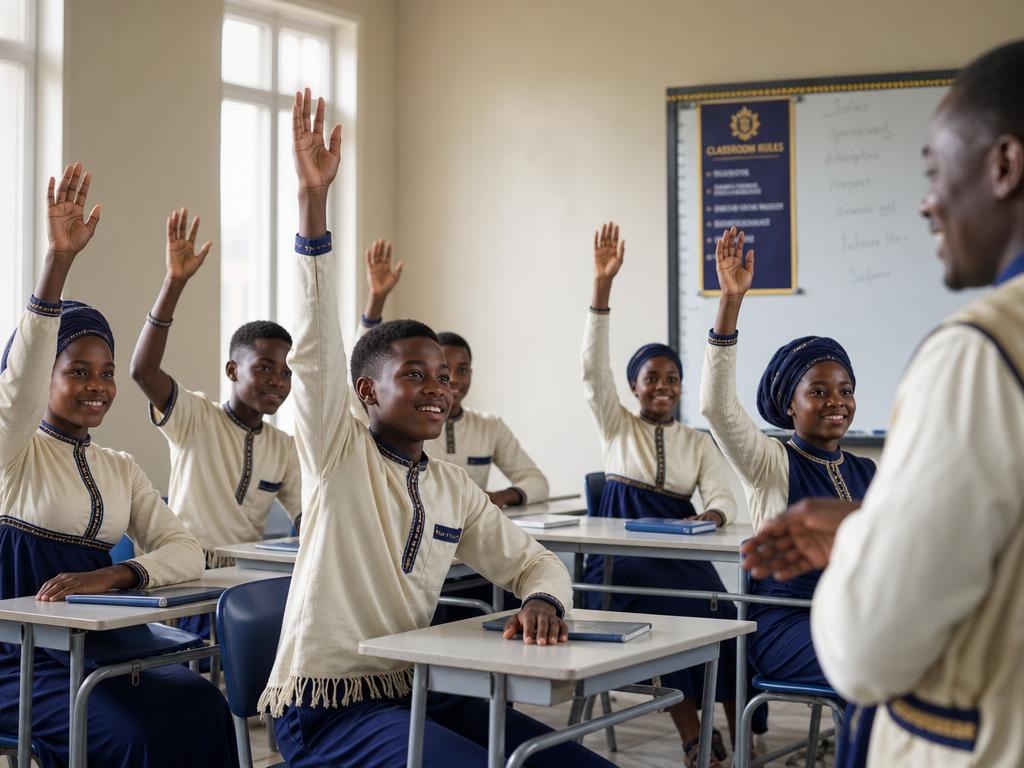 Students in modest dress with fringed blue borders listening to a teacher in class