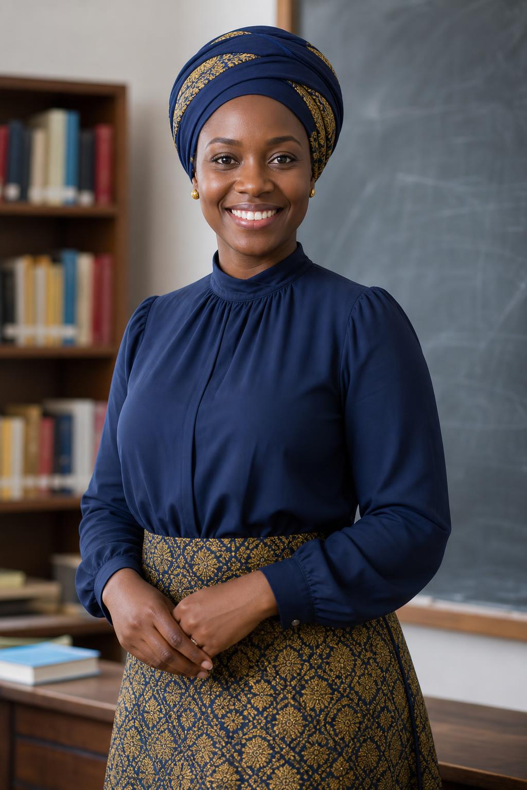 A Solomon Heights teacher in modest dress and head wrap
