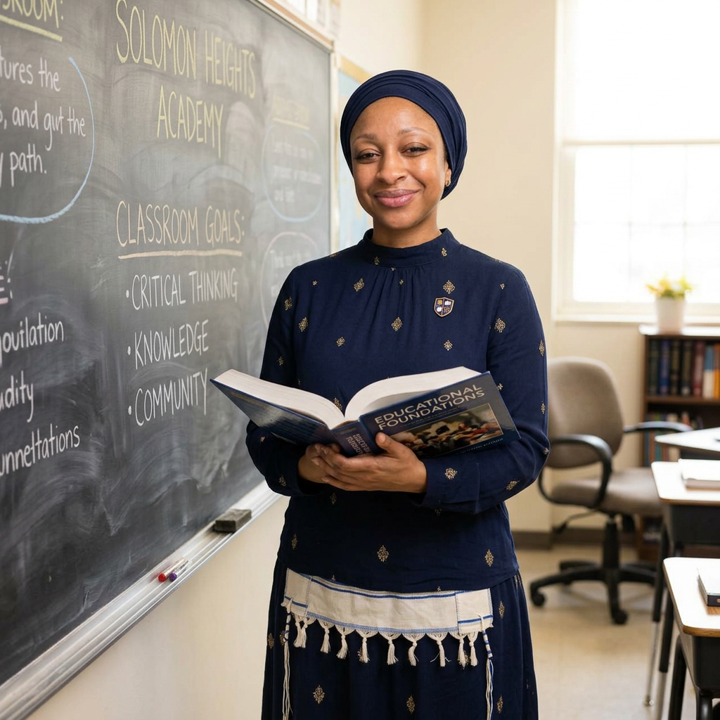 Mrs. Kaniyah Israel in a classroom holding a book